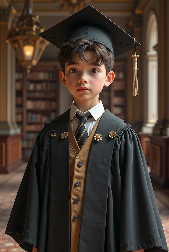 11 year old boy, with blue eyes and glasses, with short hair, black and wine red 19th century clothing dress , at Hogwarts castle