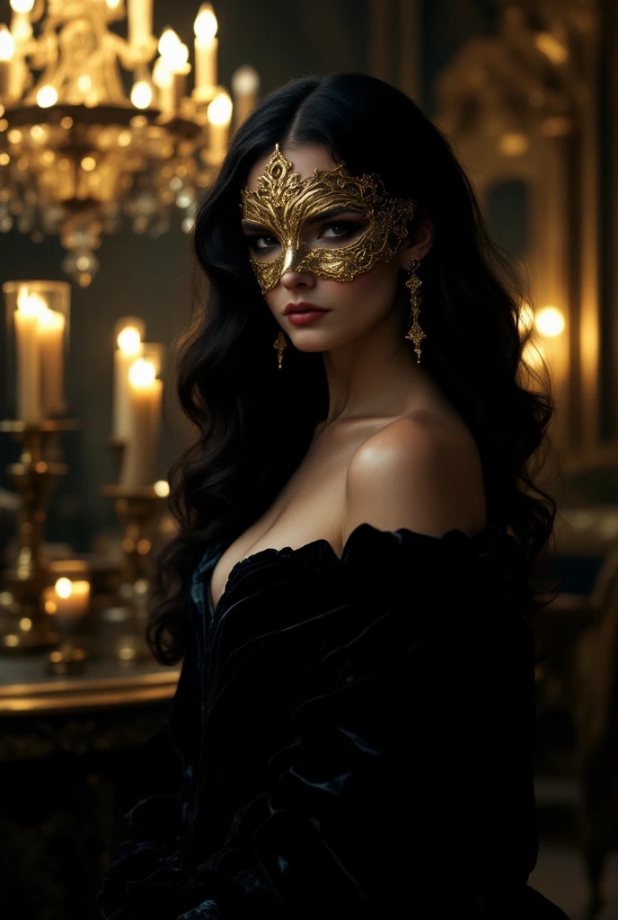 Princess, black long curly hair,perfect body shape wearing dark purple shiny dress and full gold opera mask . Sitting on the table with paper on her hands. In the darkness of night. Old painting