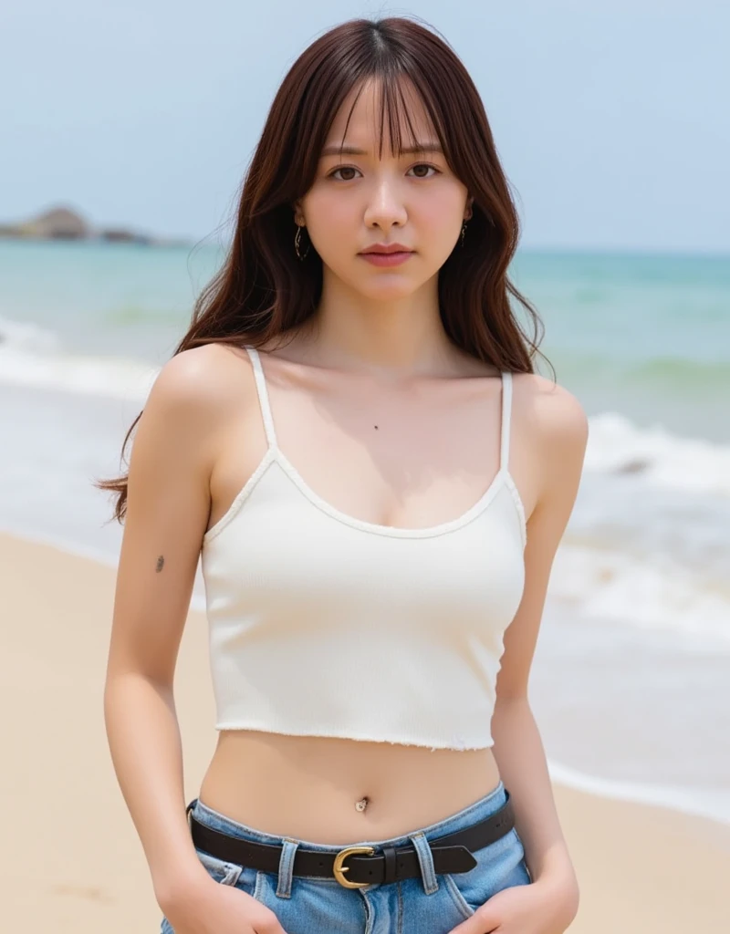 ((Best Quality, 8K, masutepiece: 1.3)), Sharp Focus: 1.2, 1 girl, Neat and clean beauty, 28 years old, emotive,Classy and elegant, A pretty girl with perfect figure, Cute, Shy, ((Medium hair swaying in the wind)), Big breasts, (Tank top: 1.1), Skirt, Highly detailed face and skin texture, Detailed eyes, Beach,