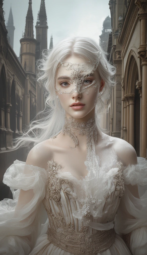 Incredibly detailed photography of a beautiful vampire alien, renaissance, Cheveux longs et blancs, yeux blancs complexes, Fantastique, ethereal, hyperdetailed, 32k resolution, dinamic lighting, nombril couvert, hyper detailed, intricate high detail, Tendances sur ArtStation, Costume de luxe blanc, volumeric lighting, BalenciagaStyle
