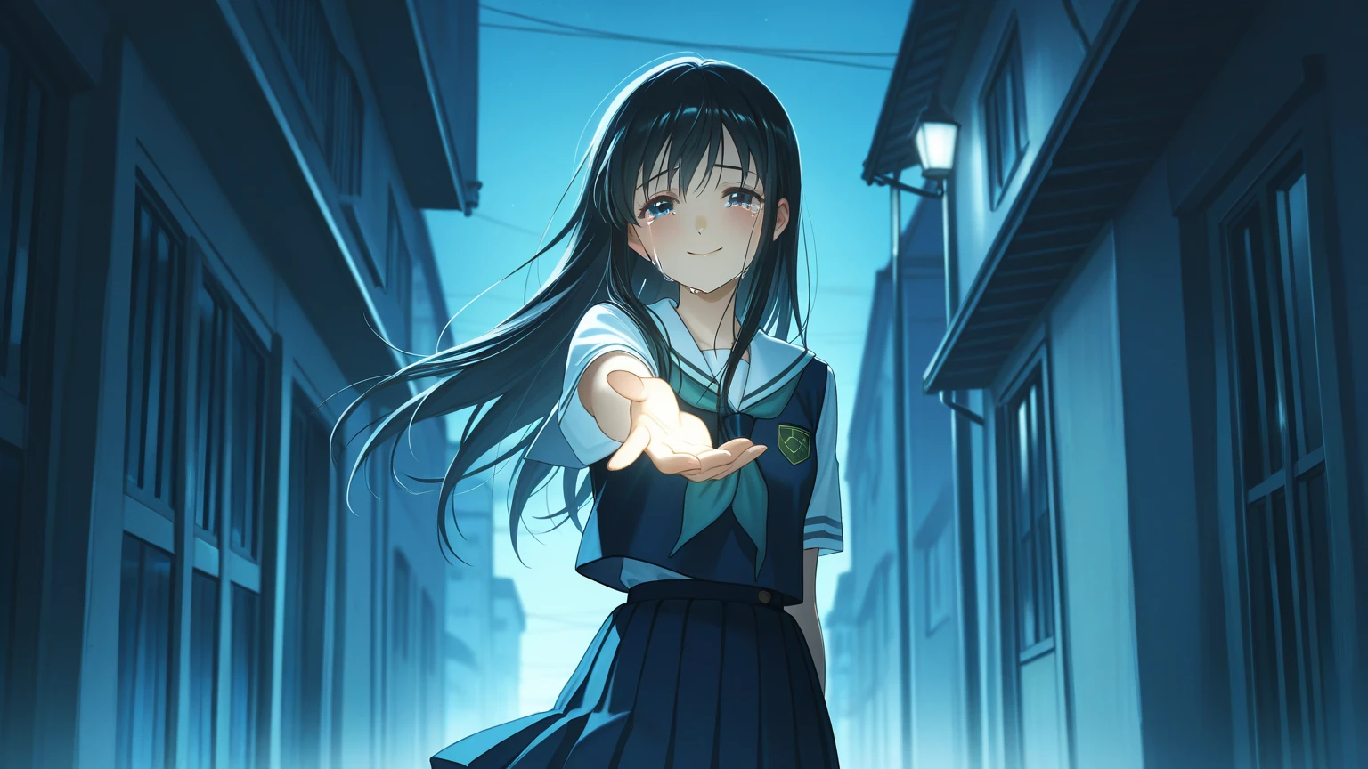 Okay, Saten Ruiko, Black Hair, blue eyes, Long Hair, hair ornaments, Floral decoration,
break セーラー服, blue skirt, pleated skirt, ((ミニskirt:1.5)), Seraphim, skirt, Summer clothes,
break outdoor, city, null, sun, cloud,
break looking at viewer, (Cowboy Shot:1.5),
break (masterpiece:1.2), Highest quality, High resolution, unity 8k wallpaper, (figure:0.8), (Beautiful attention to detail:1.6), Highly detailed face, Perfect lighting, Highly detailed CG, (Perfect hands, Perfect ), Angle from below, Dutch Angle, smile, 風でskirtが捲れる, ((Showing :1.3))