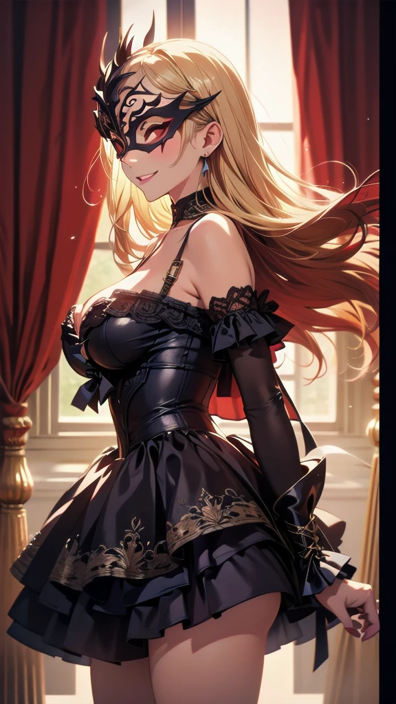 Please follow all prompts below exactly and faithfully. This is a breathtaking masterpiece of digital illustration, with maximum resolution, UHD, 512K, 2160p, 10 million ppi, 300 million dpi, natural color tones, ultra sharp details, perfect outlines with contrast, **most realistic skin and hair textures**, most beautiful detailed eye features, perfect anatomically correct human body, beautiful background with depth, rule of thirds, depth of field, Maximize all element is used to its full potential to create the best digital illustrations, 1woman, sexy:1.5, beautiful face sharp, elegant woman, perfect body style, slender, beautiful big breasts, green eyes, blonde hair, hair over one eye, long hair, glossy very thick lips:0.7, pink lipstick:0.7, smile, Bright red flamenco dancer costume, rose hair ornament, wide open cleavage, red high heels, large frilly skirt,