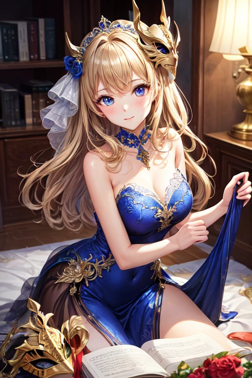 (8k, top quality, masterpiece: 1.2), (realistic, photorealistic: 1.37), super detailed, girl alone, cute, solo, midnight, beautiful detailed sky, detailed café, sitting, dating, (blush), (smile: 1.15), small breasts (mouth closed), beautiful fine eyes, floating hair NovaFrogStyle, back open dress, blue rose accessories, Blue rose background