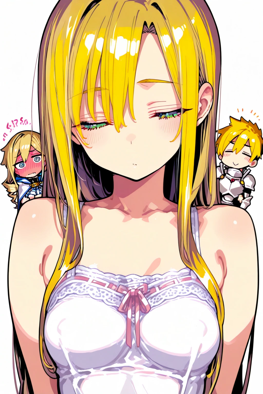 Brown Skin,Brown Skinの太腿,Brown Skinの手,Brown Skinの脚,Brown Skinの胸,Blonde,Pink nipples,brown skin legs, tits, Teasing Smile, Touching her clothes, Doujinshi, tensei shitara slime datta ken, Mr.々A pose, Stretch your arms out, Naughty, Anime guy squatting, ( ( ( yoh yoshinari ) ) ),A man lying on the bed