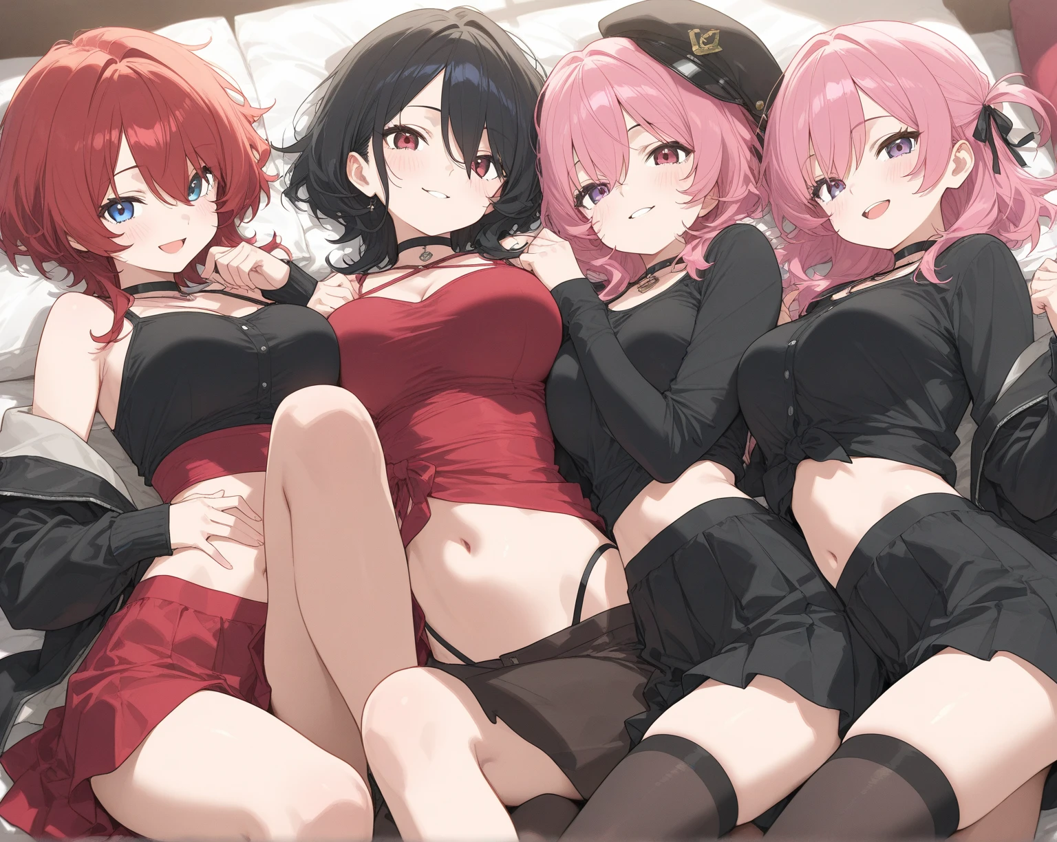 A harem of girls with different hair colors and different breast sizes and all wearing only panties and bra lying on the bed with a boy with black hair and a serious expression