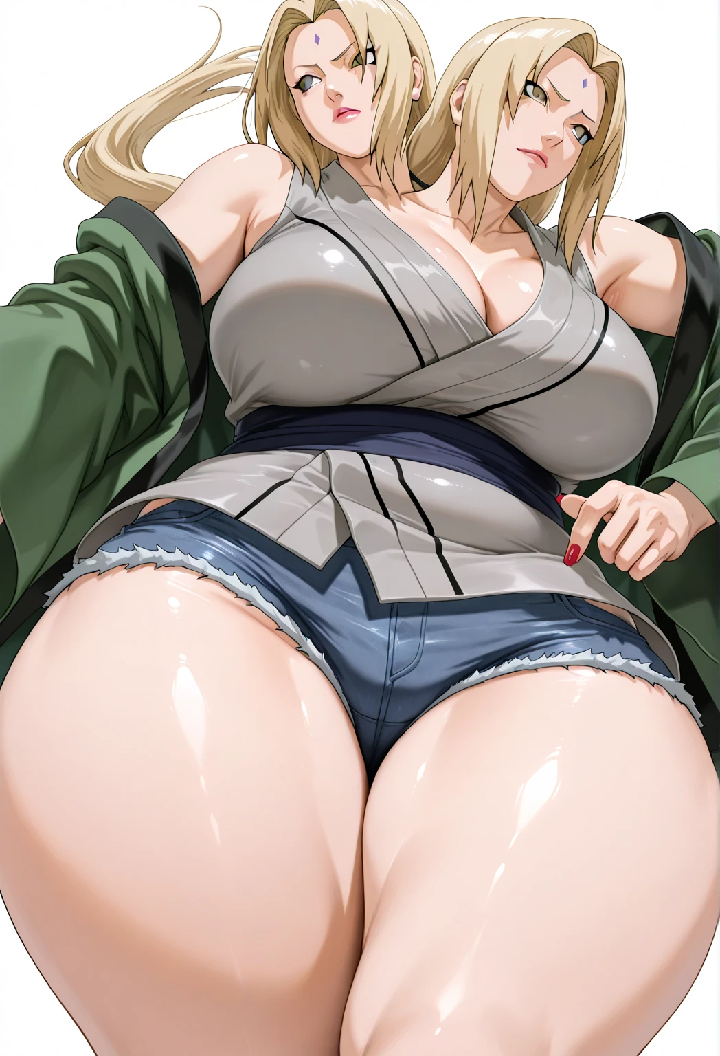 masterpiece, best quality, very aesthetic, absurdres, newest,1girl,cowboy shot, (contempt, disgust,shaded face,looking at viewer,frown),(from below,holding skirt, lifting skirt,panties),,tsunade_(naruto), 1girl,black_pants, blonde_hair, breasts, brown_eyes, cleavage, coat, forehead_jewel, green_coat, grey_shirt, grin, large_breasts, long_hair,nail_polish, ninja, pants, red_nails, shirt,in a student dormitory