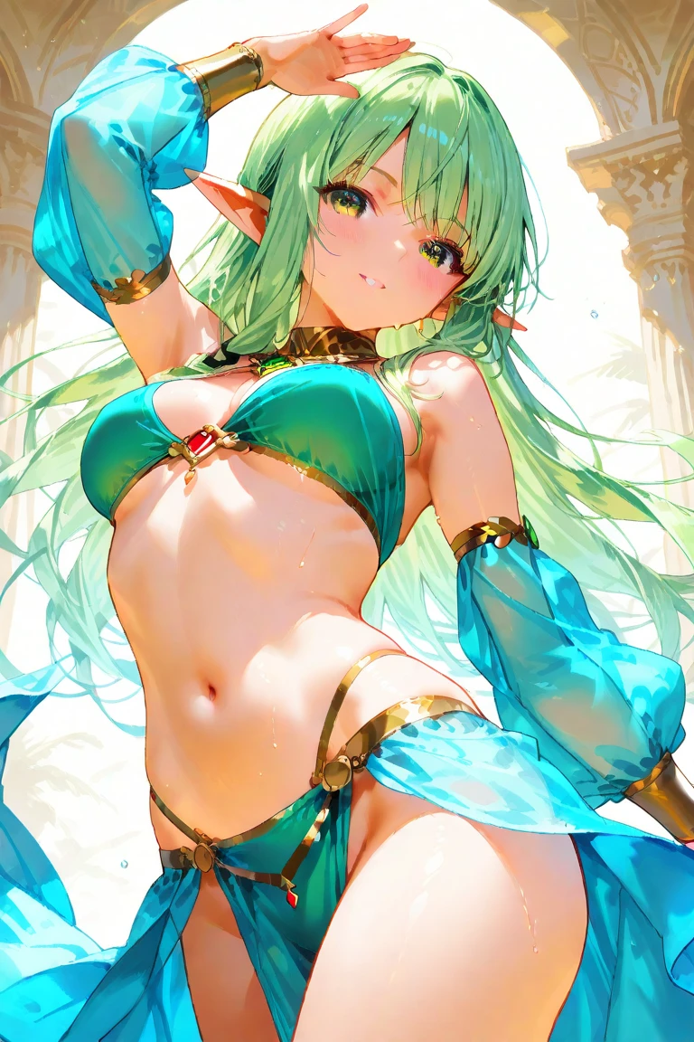 girl, green hair, long hair, happy expression, best quality, belly dancer out fit, elf girl, navel showing, armpit showing, beach side setting, arms behind head