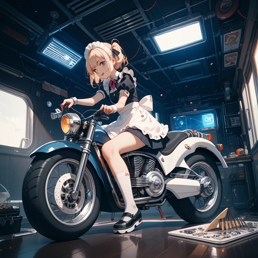  on the bike, 1 girl, alone, long hair, blonde hair, whole body、Completely naked、  smile, ponytail, looking at the viewer,  spread your legs, sitting, brown eyes, Spread your legs as wide as possible and stick out your genitals.