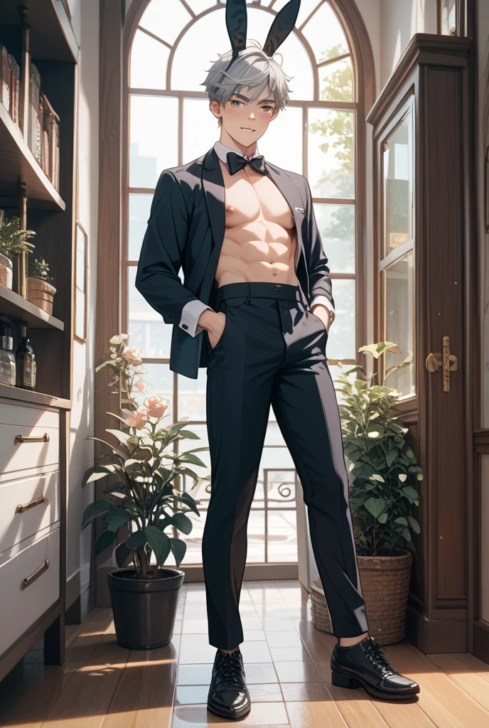 male、１８age、neutral、Slicked back hair、Muscular、Blue-black tights、