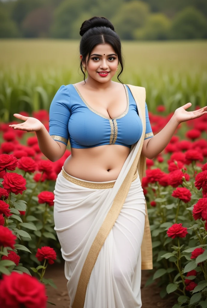 Divya Bharti, 28 years old, different cute Indian faces of Indian girls., Big and bulky M-cup breasts, Rounded shape, plus size, T-shirts embroidered with landscapes, neon and bright colors., Different neon and bright colors, landscapes, banarasi saree., Different hairstyles, Bright eyes, Thin eyebrows, Beautiful skin, Red cheeks, Close-up view from head to thighs, smiling face, ultra realistic skin texture, Front view from standing position, Different beautiful Golden Lakshmi Temple background., ultra realistic, Close view from head to toe, black hair, Seductive eye contact, glossy lipstick, The face promises attractive eyes., Big, bulky breasts