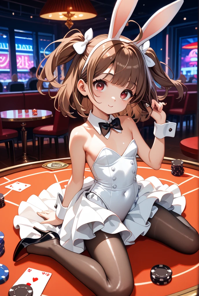 (((Wearing a penguin-colored costume, Leather panties, skirt, Pantyhose, Stiletto heels, Penguin hat))), ((Shiny Costumes)), skindentation, skinny, solo, 1 woman, Masterpiece, highest quality, highest quality, 16K, incredibly absurd, highly detailed, 2.5D, ai-generated, delicate and dynamic, very delicate facial expressions, delicate eye depiction, erotic, only sexy woman, ((A cute and kind face)), healthy figure, ((1 woman)), 160cm tall, medium firm swaying bust, Dark Hair, blush, Sweat,Embarrassed,sexy, ((thin thighs)), shiny and lustrous, facing straight at viewer, (((in heat))), ((Oily_skin)), ((Lots of sweat)), (((Brown Skin))), ((dutch angle)), ((erotic pose)), (((Dynamic Pose))), ((Being or sitting at the casino)),
