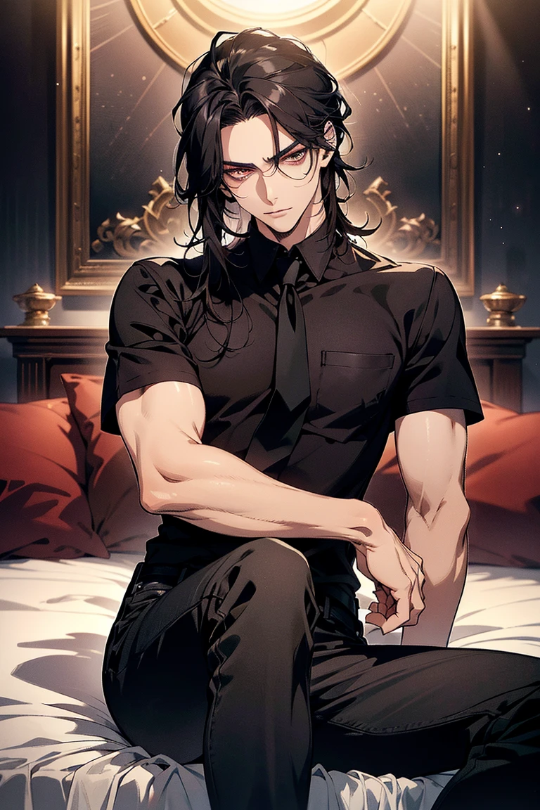 1 gaunt male, long black hair, green eyes, top view, smoking, sitting in leather armchair, shirtless skinny, hairy chest, bowed, looking up, gesugao, evilness, malice and sadism facial expression, cocky smile, threatening smile, addicted, messy room background