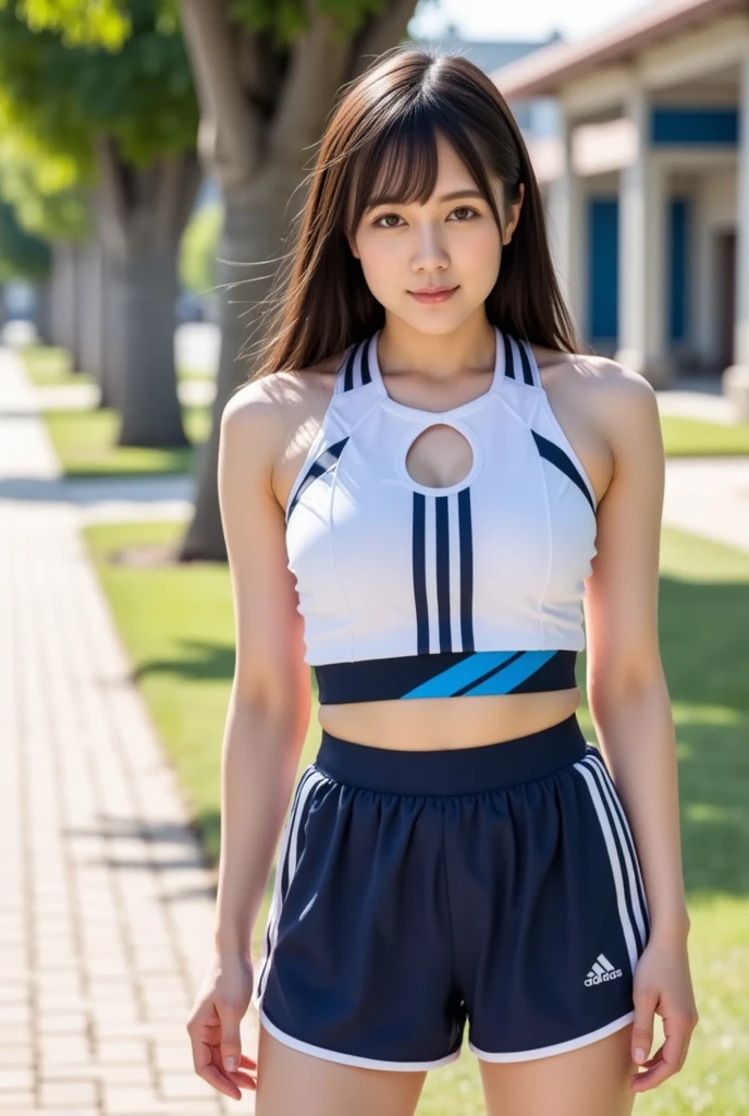 (2 girls:1.2), (a detailed full-body RAW photo of a girl), (masutepiece:1.0), (Best Quality:1.4), (超A high resolution:1.2), (Photorealistic:1.4), 8K resolution, Canon EOS R5, 30mm, absurderes, ultra-detailliert, (25 year old), Sharp Focus, Cinematic lighting, Detailed beautiful face, (no-makeup:1.2), (ulzzang -6500-v1.1), petite figure, Detailed skin texture, flat chest, (skinny and fit body:1.6), Detailed brown hair,  sweltering,(Very short hair:1.5), (Very thin fit blue and white nike short cheerleader uniform:1.5), (See-through:1.2), realistic glistening skin, (Sweating:1.3), detailed texture, (Japan athletes:1.5), (flat chest:1.5), (nobra:1.2), (Erect nipples:1.3), (Wet body:1.2), (wet uniform:1.2), (wide open stance:1.5), (from below:1.2), (cameltoe:1.3), nsfw, (upskirts:1.5)