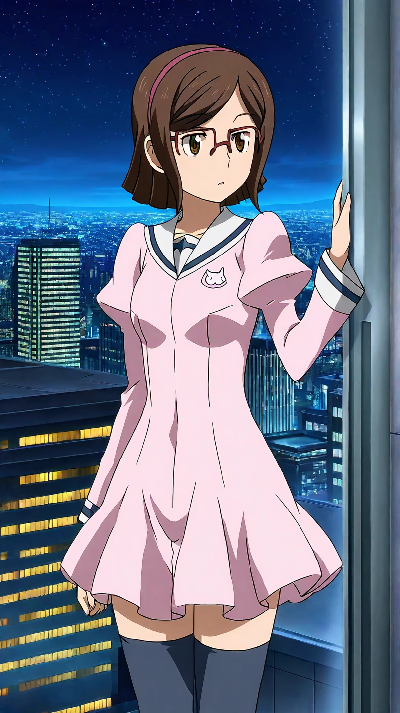 90s retro art style, bottom view, excellent quality, ultra detailed image, 1 girl, alone, cute face, brown hair, brown eyes, two pigtails, headband, ribbon in hair, , short skirt, black skirt, tight, larex, black miniskirt, orange shirt, long sleeves, looking at viewer, cowboy photo, standing, outside, building rooftop, night, city lights