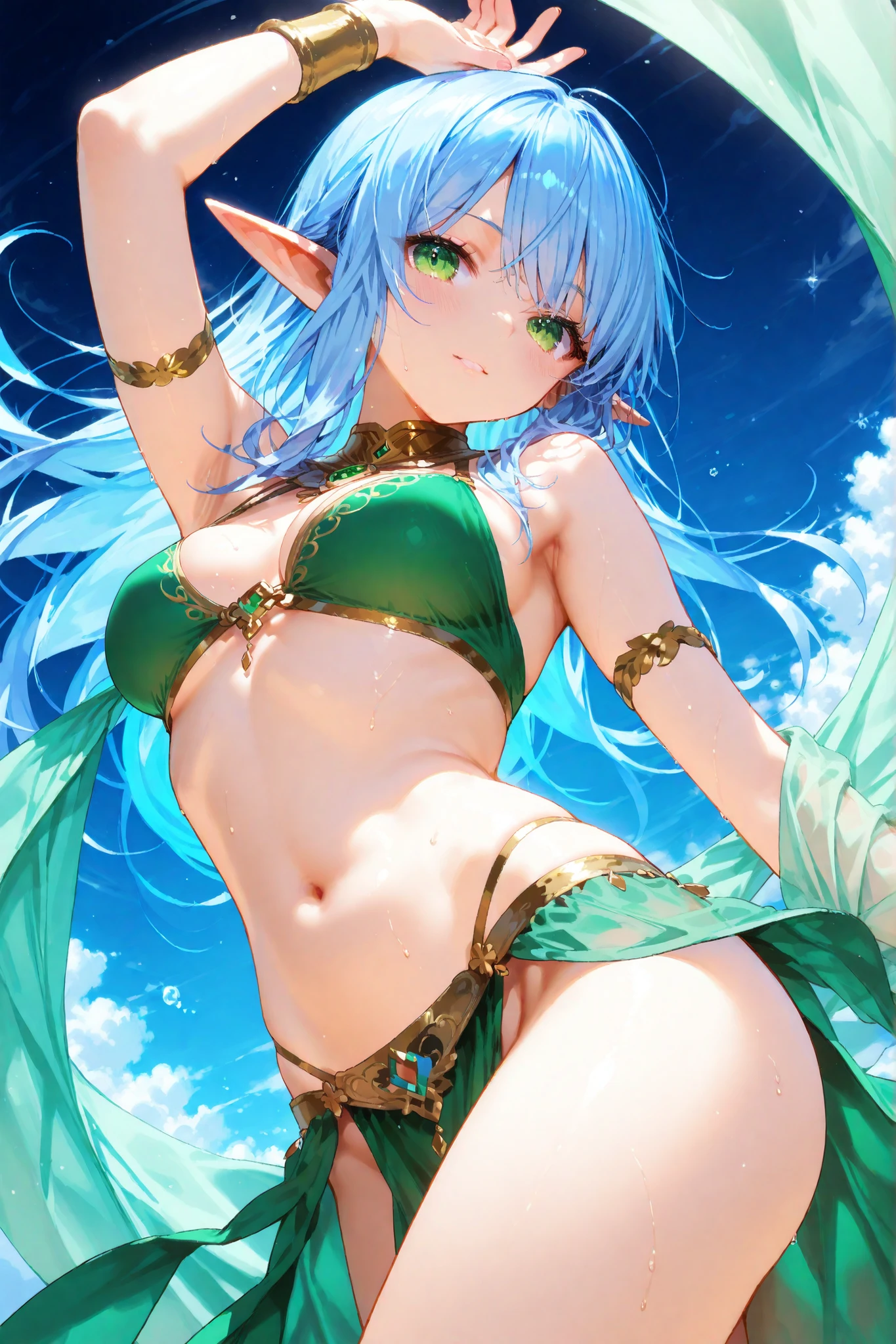 (score_9, score_8_up, score_7_up), lum, solo, long hair, breasts, dark blue eyes, eyeshadow, dark green hair, bangs, tiny tiger-stripped horns, aqua hair, tsundere, 4k, intricately detailed, source_anime, best quality, (masterpiece),(ultra-detailed), (high quality), (high resolution), a girl sitting on a mountain of gems, a sword stuck on top, gems falling from her left hand, right hand raking gems, arrogant expression, detailed face, beautiful eyes, luscious lips, intricate jewelry, dramatic lighting, vibrant colors, 8k, hyper detailed, masterpiece, fantasy art, perfect proportions, extremely detailed face,
