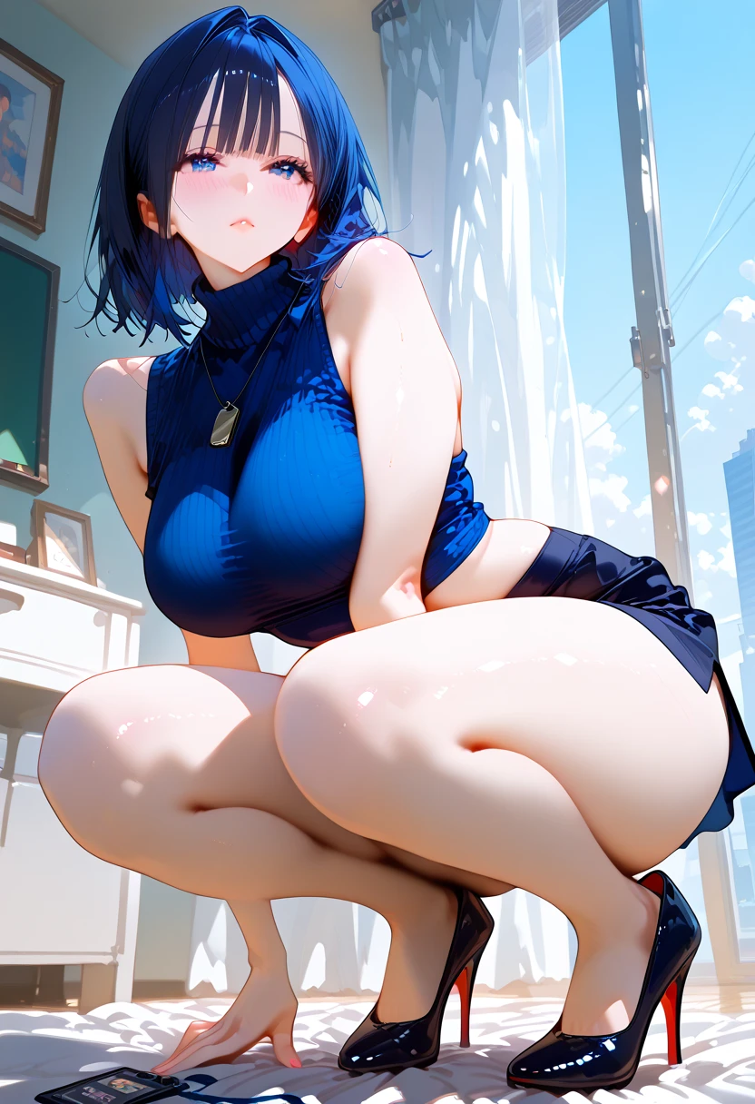 full body,masterpiece, high details, high quality, best quality, anatomically correct, masterpiece, UHD, ccurate, textured skin, super detail,ultra-detailed, best quality, extremely detailed, 8k, high res, realistic, 1girl, 18yo, beautiful girl, (half closed eyes),(narrowed eyes:1.2),(open mouth), (blush:1.2),BREAK,(tanktop:1.4),blue beautiful eyes, medium bob hair, (asymmetrical parted bangs), (dark blue beautiful hair),BREAK,(Lift your chest with your hands:1.5),(voluptuous bust:1.3),(Gaunt , thin waist:1.3),looking at viewer,white background,