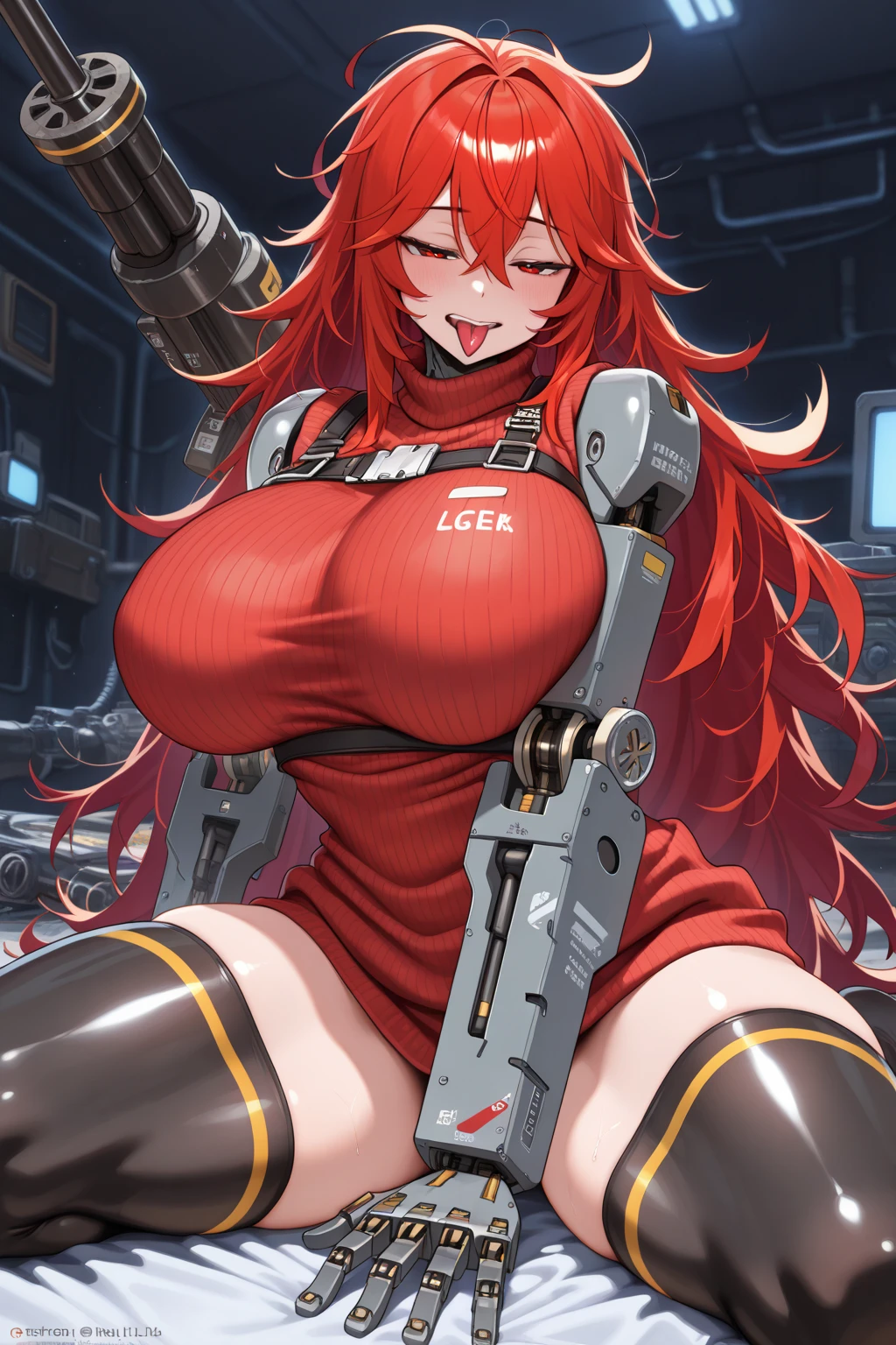 18-year-old girl,Baby Face,Crimson short-haired,ponytail hairstyle,Smile,Huge breasts,cleavage,Sheer red sleeveless top,Leave space in the middle to reveal cleavage,Soaked all over,Blushing,green eyes,Female spy,Red miniskirt,White gloves,White hand sleeves,White boots,Science fiction,Future,Inside the mecha combat robot warehouse,robot driver,Pistol hanging on waist,No bangs,Wearing earrings only on one side,Lipstick