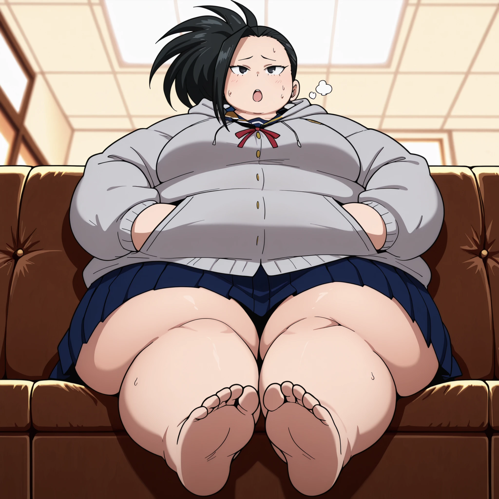 masterpiece, best quality, highres, newest, 1girl, solo, official style, anime screencap, Yaoyorozu momo, black hair, black eyes, , school uniform, red ribbon, grey hoodie, blue pleated skirt, looking at viewer, , cowboy shot, hands on pockets full body shot, showing feet, sitting, fat, chubby, obese, gigantic arms and legs, large breasts open mouth, out of breath, indoor, sofa, from side below,