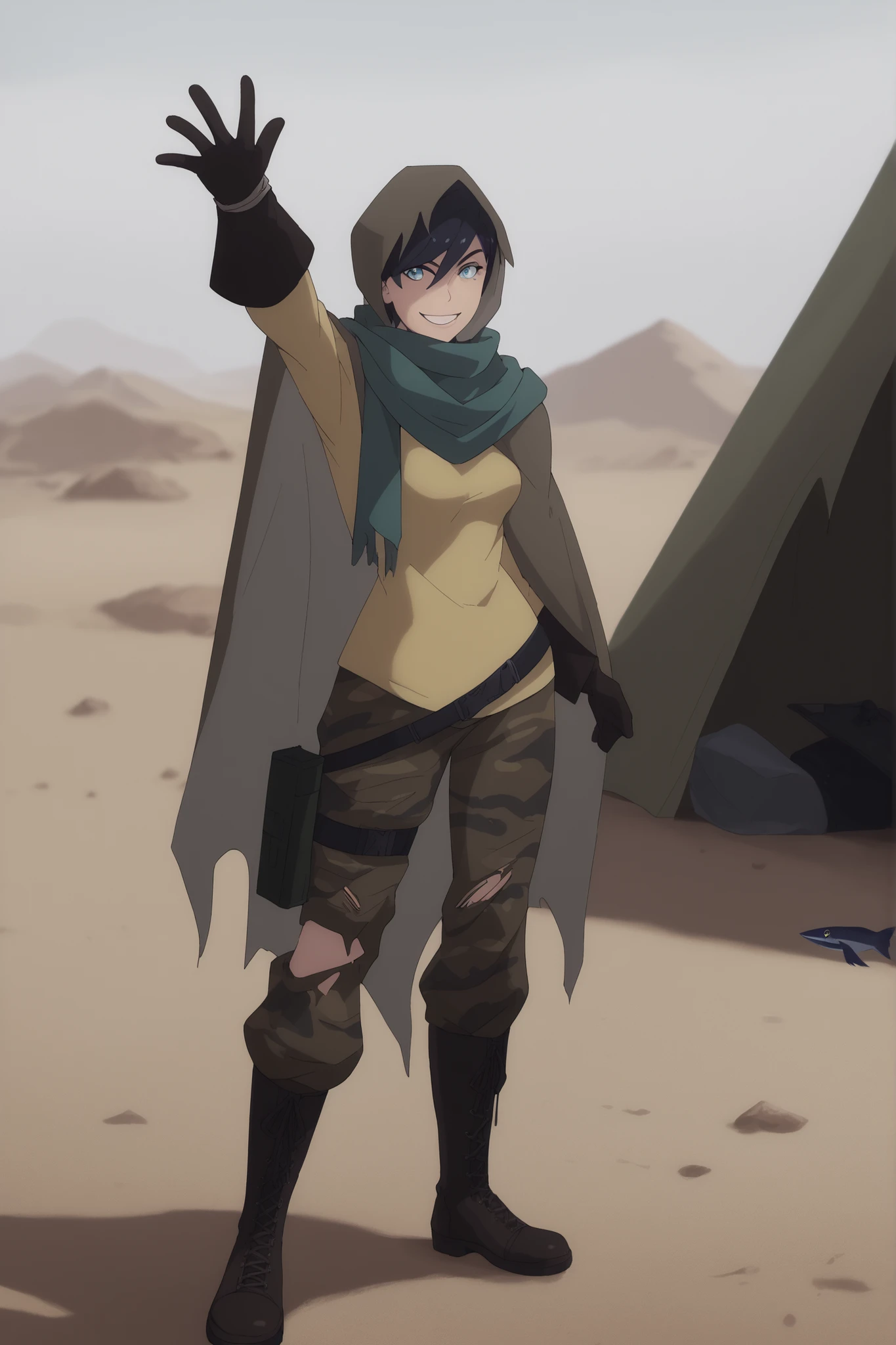 green scarf, hood, hooded cloak, cloak, hood up, torn clothes, black gloves, long sleeves, cape, camouflage pants, shirt, belt, thigh strap, cross-laced footwear, knee boots, holster,black hair, short hair, hair over one eye, blue eyes, medium breasts,jackassnier,scenery,nierscene, standing in a tent in a rocky desert, manic smile, holding up a fish, mackeral_(fish), arm outstretched, facing viewer, cowboy shot