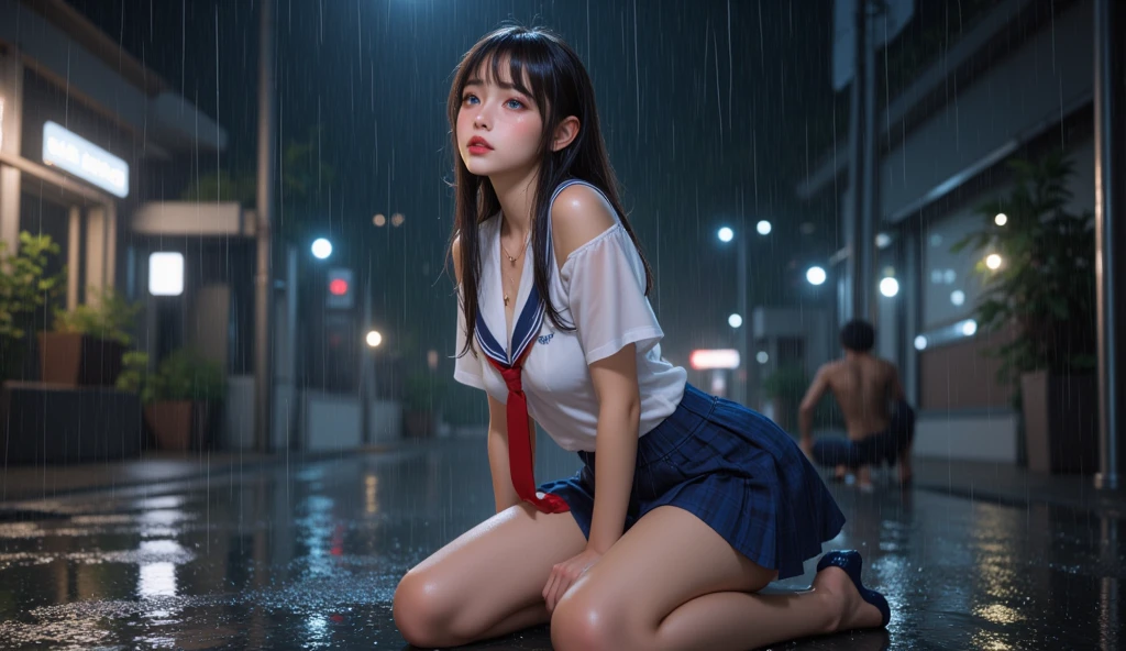 SFW, (Closeup from Crotch to Face) ExtremelyDetailed (SchoolGirl Lean against the Car) Spread Knees Up, perfect face, Brilliant(Tiny Crown), Detailed(Delicate Clothing textures) Sailor Uniform with Red Ribbon (((WhitePanties))), PerfectHand with Childish 4Fingers and one Thumb, Corrected Leg to Foot Line, ((Starry Colorful Lights at Dusk City Intersection)) ((Specular Reflection:1.32)Shiny Wet Road), ((Hidden Arm) Hidden Naked Sole) Red[High-Heels], TopQuality 8K Ultra-detailed masterpiece (ProfessionalPhoto:1.37)(Acutance:0.8)