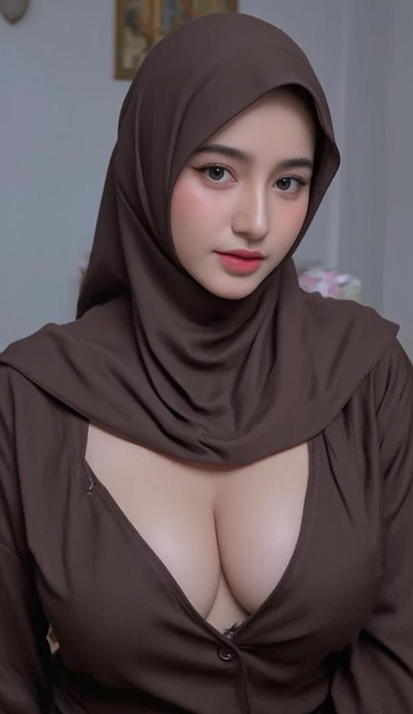 a 20 yo woman with slim body and medium breast ,hijab,gray sweater,dark theme clothes, soothing tones, muted colors, high contrast, (natural skin texture, hyperrealism, soft light, sharp), simple background, The fabric traces the shape of the body, medium breast (medium size breast: 1.4) using full covered clothes , bigger breast than torso, using gray sweater with black hijab, naked chest on sweater (showing breast cleavage and belly button)