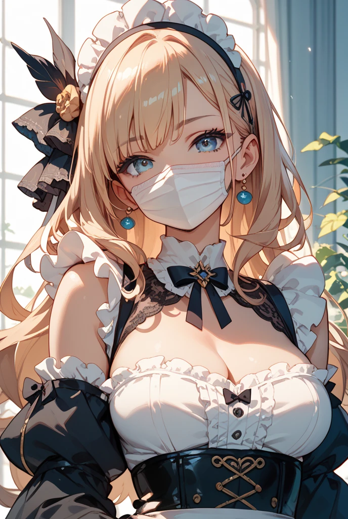 ((raw photo)), ((masterpiece)),anime, She wears a snow fuzzy headband and a medical white mask on her face, she has long blonde hair and she wears white vintage ripped, anime design,anime scene