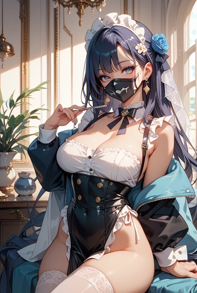 ((Highest quality)), ((masterpiece)), ((detailed)), a girl who is dressed as witch or maid with chains on her, 1girl, maid, 独奏, BDSM, bound, bondage, chain, maid headdress, long hair, breasts, gag, blackblue hair, rope, (torn clothes), gagged, pantyhose, restrained, arms behind back, large breasts, looking at viewer