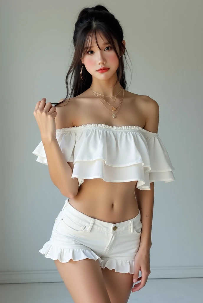 1girl 13 year old, solo, long hair, big breasts, looking at viewer, black hair, bare shoulders, brown eyes, jewelry, full body, necklace, off shoulder, short white blouse, lips, realistic, nose, flirting with camera