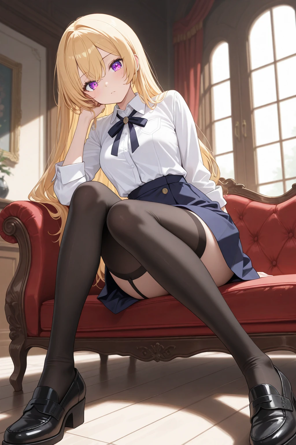 blonde hair, black stockings, white shirt, black stockings, black skirt
