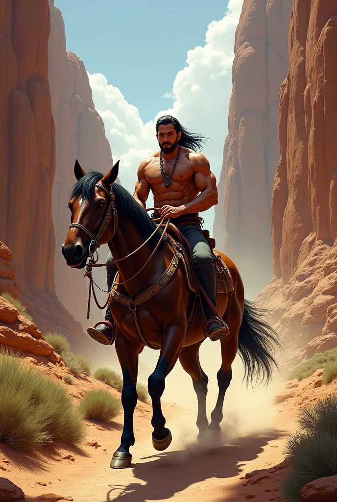 A SHIRTLESS GYPSY RIDING A HORSE.