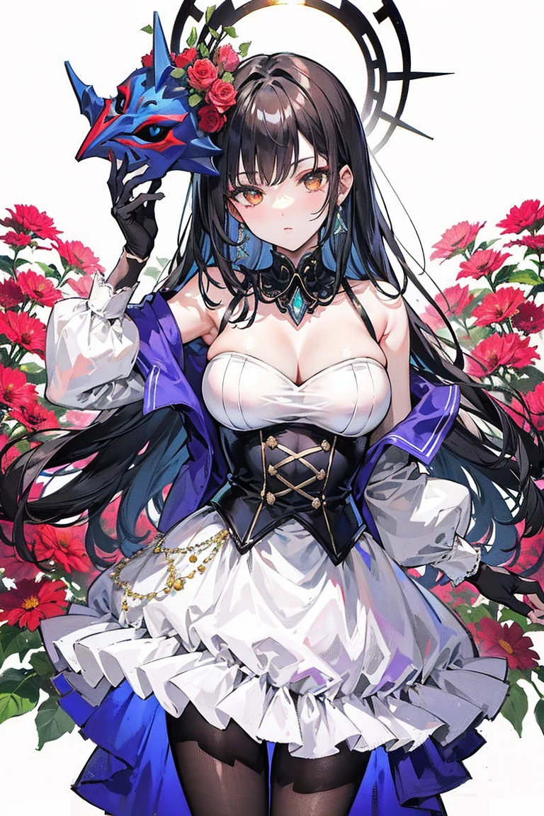Butterfly, girly, no underwear, upper body, witch hat, (detailed face shape: 1.2), (mid-chest), (cleavage), (thigh strap), long hair, asymmetrical bangs, tarot frame, portrait centered, (no weapon), (bouncing breasts),
