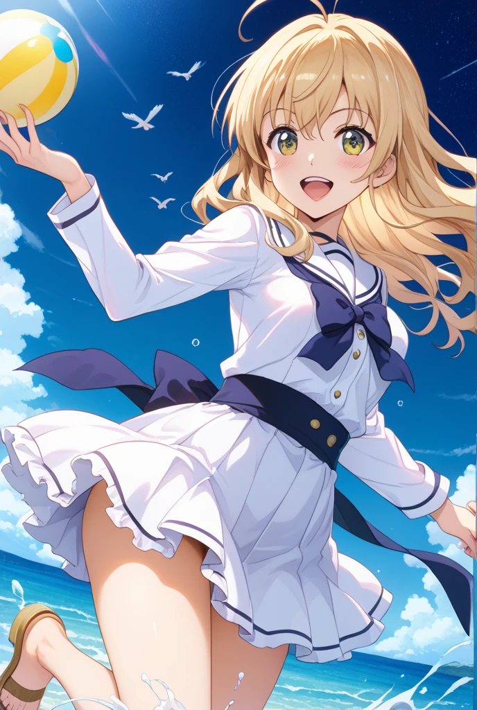 Azur Lane、ayanami、whole bodyポートレート、ponytail、High resolution、Big and ample breasts、Naughty body、See-through、throw、、whole body、Look up at me、A kind smile、blush、White Skirt、Micro Mini Skirt、Very short skirt、Very large breasts、Show me your breasts、Straw hat、White Dress、Sandy Beach、sunset、Madder sky、sunset beach、Seaside、White Sandals、
