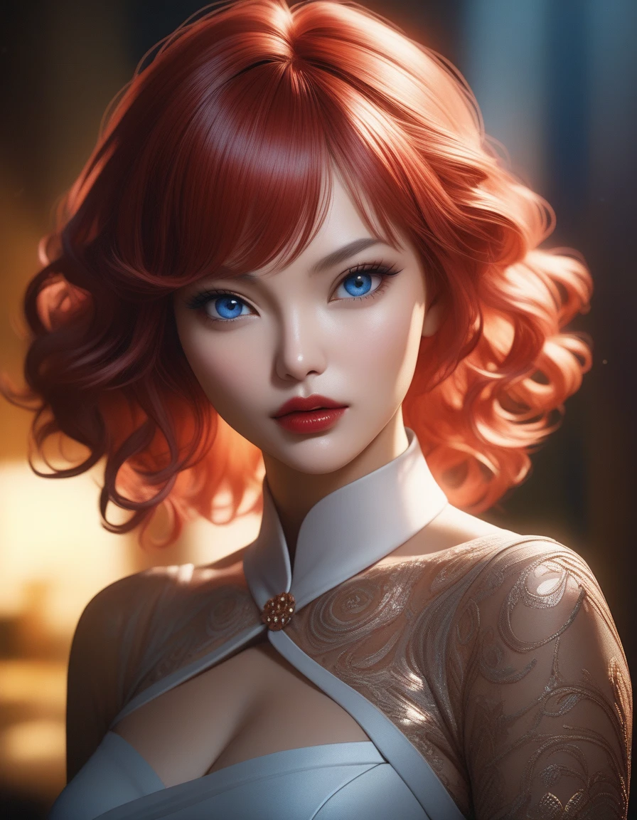 woman with big breasts, redhead, blue eyes, wearing a transparent sweater, small chin, hyper detailed face, extremely detailed eyes and face, long eyelashes, naturally beautiful, sensual, elegant, photorealistic, 8k, high resolution, cinematic lighting, dramatic lighting, chiaroscuro, warm color palette, soft colors, dramatic atmosphere