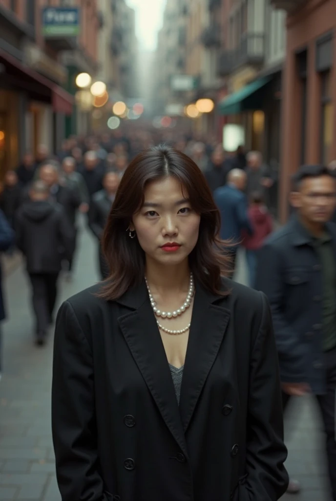 A beautiful Korean girl, head in guillotine, town square, big crowd of people
