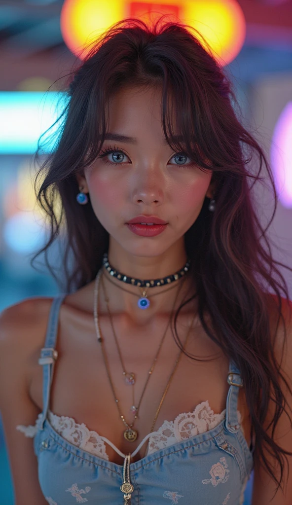 Extremely specific 4K photography of a woman with Chanel blue hair, black eyes, seductive gaze and soft smile, red lipstick on her lips, golden accessories, wearing a long red dress at horror park, halloween