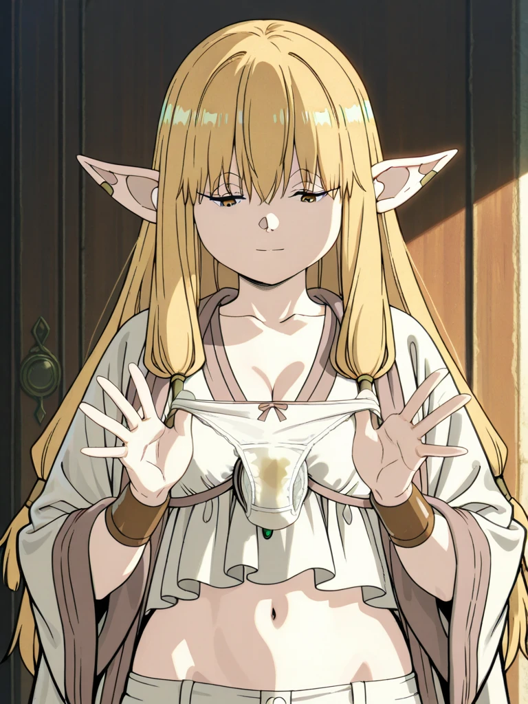 sousou_no_frieren_style, score_9, score_8_up, score_7_up, score_6_up, score_5_up, score_4_up, source_anime, anime screencap, 1girl, serie, blonde hair, yellow eyes, pointy ears, elf, half-closed eyes, 
bare shoulders, jewelry, necklace, off shoulder, white dress,handjob, from below, wide smile, smug, smug eyes, half-closed eyes, blush, looking down at viewer, nipples, penis, precum, uncensored, motion blur, motion lines, (naked:1.3), close-up, upper body,
