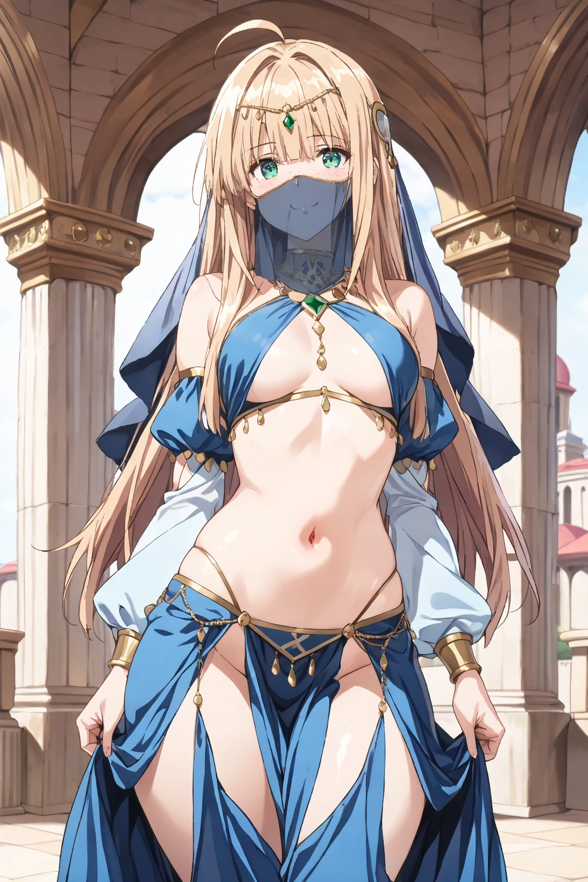 score_9, score_8_up, score_7_up, rating_safe, 1girl, solo, MahiruShiina, otonari no tenshi-sama ni itsu no mani ka dame ningen ni sarete ita ken, shiina mahiru \(otonari no tenshi-sama\), yellow eyes, blonde hair, long hair, straight hair, medium breasts, revealing clothes, harem outfit, mouth veil, collarbone, halterneck, criss-cross halter, necklace, detached sleeves, bracelet, bare shoulders, navel, hip vent, harem pants, barefoot, cleavage, from above, wariza, hands on lap, breasts, looking at viewer, looking up, bed sheet, red curtains, pillow, blush, smile, half-closed eyes