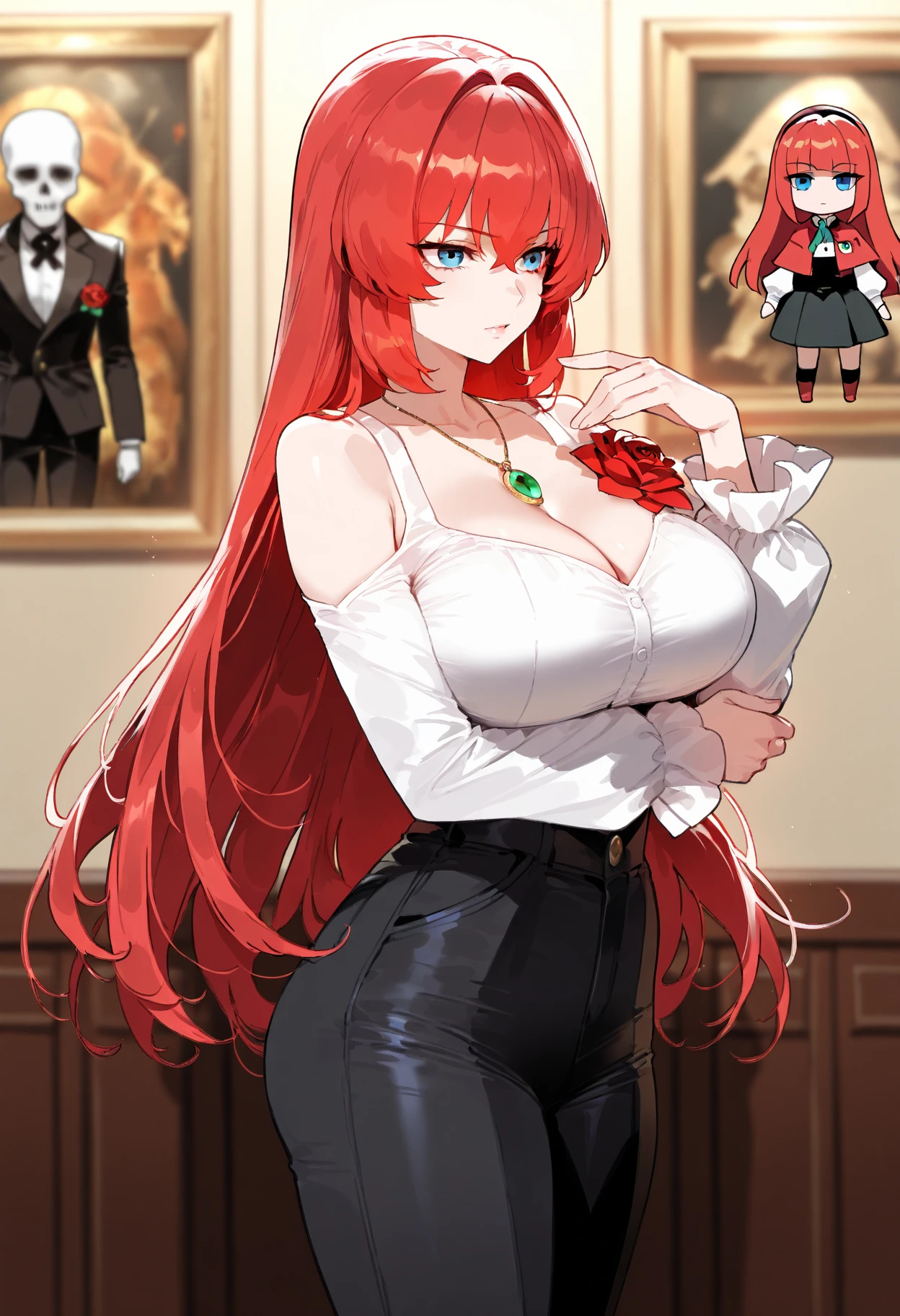 Highest quality、devil、Long Red Hair、Black Dress、Big Breasts、Lots of lace、Fluttering Skirt、red heels、Long skirt、The eyes are large、Lipstick is red、Draw the face clearly、Hitomi red