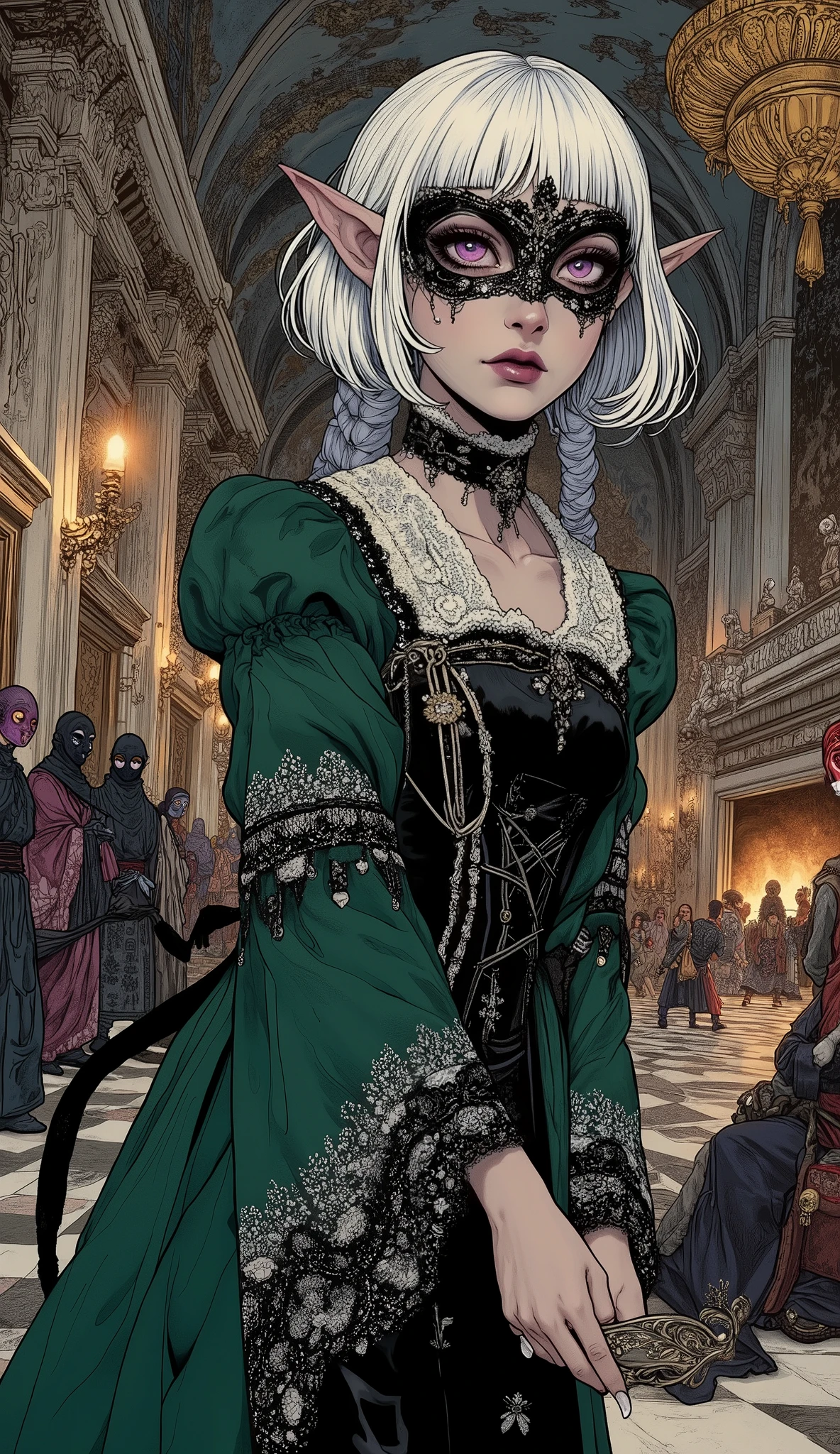 (A fusion of Ukiyo-e and dark fantasy. Aesthetic and gothic digital art. Draw a detailed face. Look away. Draw the picture at an angle.) BREAK
(White hair. Blunt bangs. White eyebrows. Long white eyelashes. Almond-shaped eyes. Lavender eyes. Dark, thick eyeliner. Small pink lips. Slightly pointy ears. Dark purple skin. Thin limbs. Thin fingers. White fingernails. One thumb and four fingers accurately drawn.) BREAK
(A captivating dark elf female, acting as an undercover agent, subtly gathering intelligence at a lavish, candlelit masquerade ball in 15th-century Venice. She wears an exquisite, deep emerald green velvet gown, adorned with delicate black lace and subtle silver embroidery, a traditional Venetian Bauta mask obscuring her face, revealing only her piercing, intelligent crimson eyes. Her long, dark hair is elegantly braided with silver threads, partially hidden by a dark, shimmering veil. The ballroom is opulent, with high vaulted ceilings, ornate chandeliers casting dramatic shadows, and frescoes depicting mythological scenes. Guests in elaborate historical costumes and diverse Venetian masks (Volto, Colombina, Medico della Peste) mingle around marble columns and heavy brocade curtains. She discreetly observes a clandestine exchange between two masked figures near a grand fireplace, a small, intricate silver-bound notebook subtly clutched in her gloved hand. The atmosphere is tense yet alluring, with a sense of hidden danger beneath the superficial gaiety. High detail, photorealistic, cinematic lighting, gothic fantasy, historical accuracy, deep shadows, rich textures.)