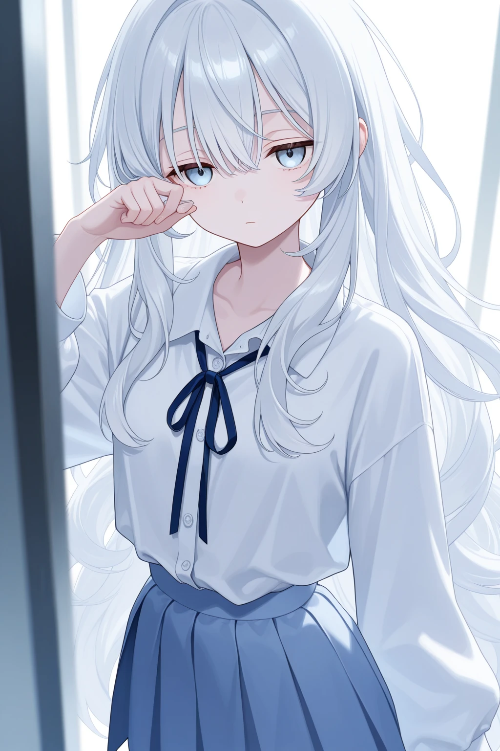 1girl, Long silver hair, blue pupils, Wearing pajamas, Looking in the mirror, ((Bathroom)), A face that is still sleepy, ((wiping his eyes)) 