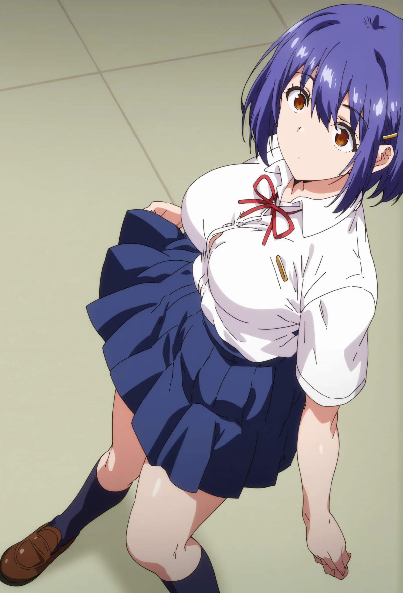 [anime styled]],[[digitalart]],1girl,solo,(portrait),Tomomi_saikyou,black hair,Short hair,bob cut,hair ribbon,midium build,1girl in,short torso,anime screen cap,cel shading,smile, blush,(strong light),((brighten the subject)),classroom,(sitting),white shirt,,short sleeves,summer uniform,((upskirt)),((skirt lift)),(tucking up the skirt),(white panties)