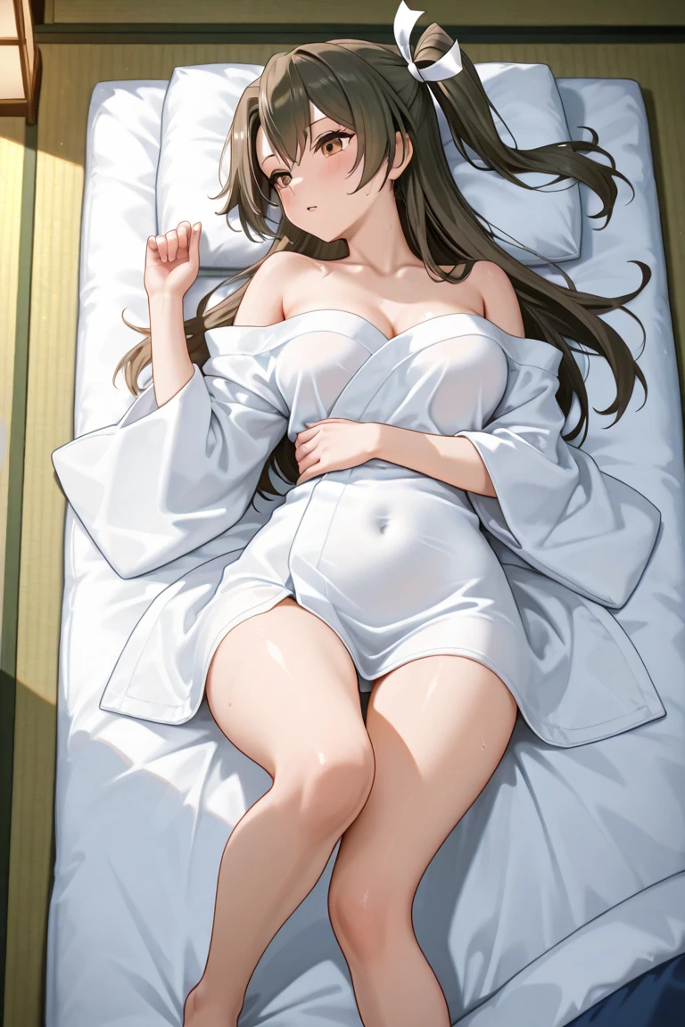 ((Tabletop, Highest quality, High resolution, , Pixel Perfect, 4K,))), 1 female, 、The whole body is visible、 ((Long Wavy Hair, bangs, Brown Hair)), ((Brown eyes, Beautiful eyelashes, Realistic eyes)), ((Detailed face, Blushing:1.2)), ((Smooth texture:0.75, Realistic texture:0.65, Realistic:1.1, Anime CG Style)), Medium sized breasts, Dynamic Angle, Perfect body, (( , , Beautiful Priest、、 Priest off-shoulder jacket、Priest Flare Skirt、、)), Gold Hair Ornament、Cross Necklace、、Very embarrassing panic smile, 、Gorgeous church basilica、Church Bed、Lying in bed、、Hold a big Bible、、Nipples are slightly visible、、Lace panties are visible、、、、、 、Angle from below)、