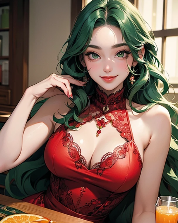 Mulher gorda gostosa com um avental de cozinha sexy,cabelos verdes, olhos verdes,de quatro constrangido,fofa, cabelos longos,cabelos verdes,gordinha, constrangida, corada, sorrindo, olhando para o telespectador,fundo quarto de adolescente,