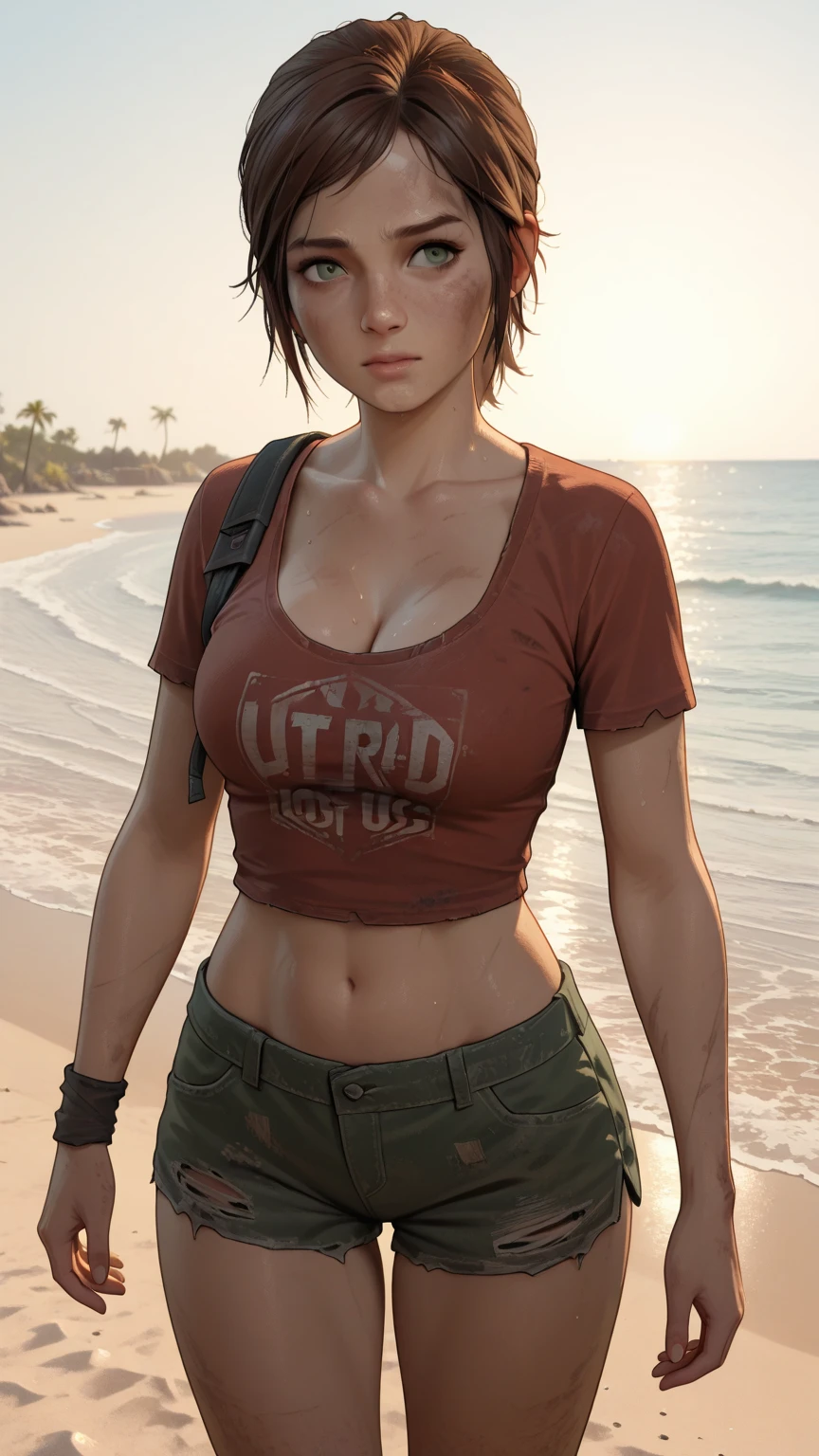Karen Gillan, masterpiece quality, (masterpiece quality:1.5), high res, realistic, lots of detail, alone, 1girl, (1girl:1.9), solo, (solo:1.9), in a jungle, ancient ruins in background, wearing red blouse, midriff, (midriff:1.5), wearing khaki cargo shorts, short hair, thin body, small breasts, (big breasts:1.5), lots of cleavage, (cleavage:1.5),
