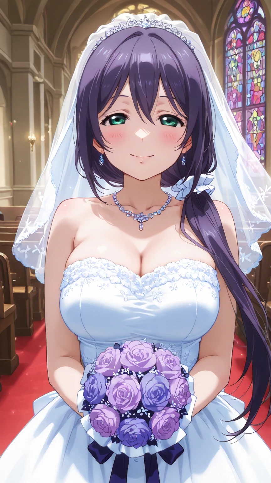 1girl, dress, long_hair, purple_eyes, white_dress, gloves, purple_hair, breasts, very_long_hair, white_gloves, wedding_dress, bangs, bare_shoulders, sleeveless, window, sleeveless_dress, blurry_foreground, skirt_hold, looking_at_viewer, blush, solo_focus, parted_lips, braid, halterneck, plant, large_breasts, sidelocks, pov, lace_gloves