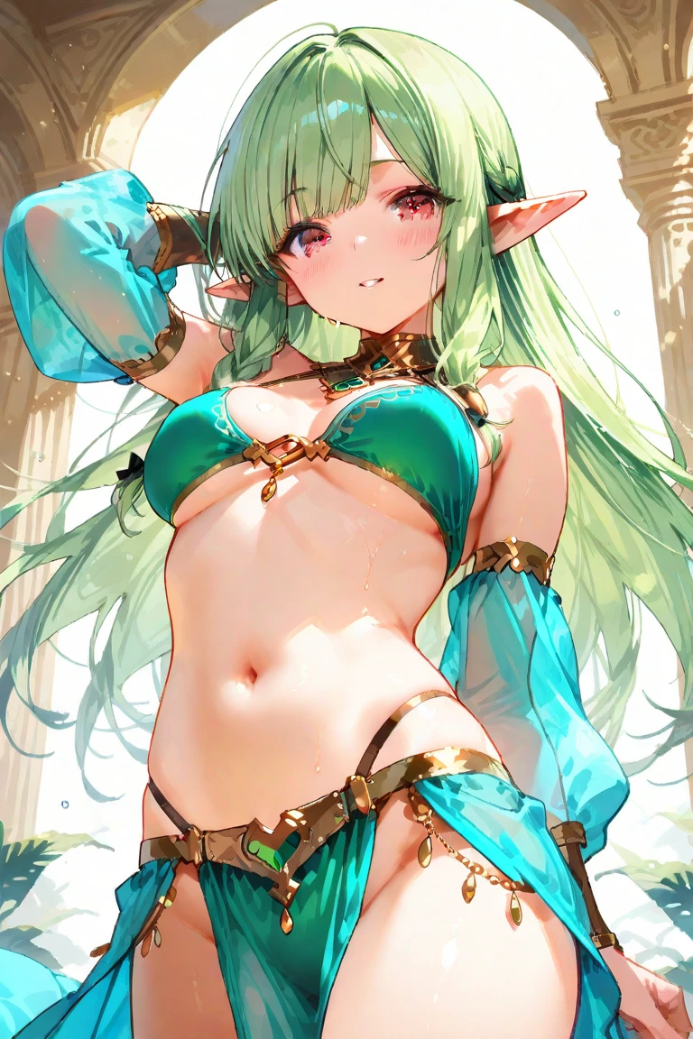 All realistic intricate details: "(medium shot, (1 girl ELF view), Aqua COLOR hair, blush, measurements 93 60 91, (mischievous expression), open legs, clavicle, arcane, short venus Bikini, firm breasts, big breasts, twin braids, love pose, Side and natural lighting, In the background a cenote in the middle of the jungle, (image captured with: Canon EOS R50 camera with Canon R50 RF-S 18-45mm IS STM lens, random angle))"