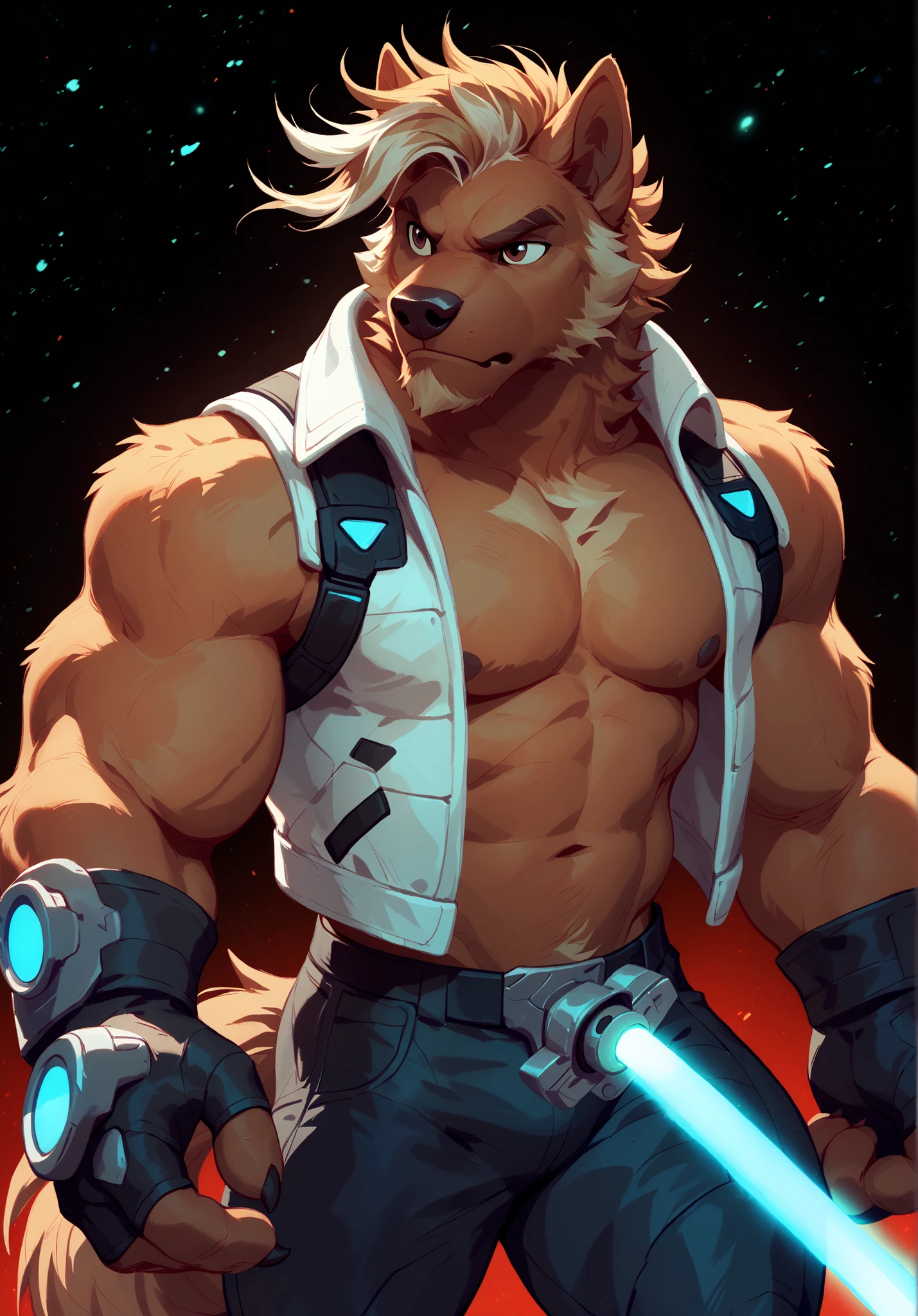 Wolfstar is the lead star in a space action movie! masterpiece, best quality, amazing quality, solo, 1boy, null-ghost, Wolfstar from visual novel "Wolfstar: Sins and Paradise". Portrait. short spiky blonde hair with small pony tail, wolf, perfect brown eyes, Head and pectorals focus. Masculine, buff, broad shoulders, brown fur, light brown highlights, brown goatee, wearing futuristic battle gear, photon weapons, laser sword, neon glowing gear, open black and white vest, shirtless, black pants, no defects, no watermarks, 5 fingers, perfect hands, space boots, fingerless gloves, holding ray gun. Fighting in a future city, space station background.