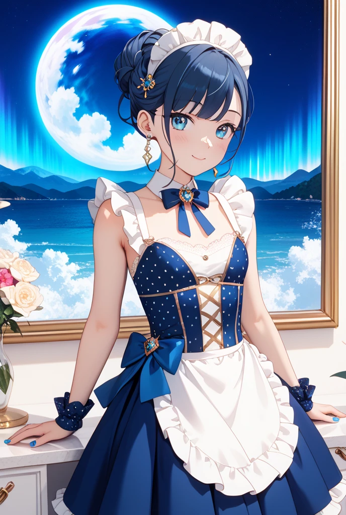 sfv,(Masterpiece:1,2), Best quality, Masterpiece, A high resolution, Original, extremelydetailedwallpaper, Perfect lighting,(Extremely detailed CG:1.2), best qualtiy, tmasterpiece, Original, extremelydetailedwallpaper,tmasterpiece, Best quality at best, A high resolution, 1girll, whaite hair, short detailed hair, eBlue eyes, mediuml breasts, shift dresses, hair adornments, ssmile, with her mouth open, holding a mic, hands out, stage,Face to camera,(Beautiful white skin:1.2),The light comes down from the upper right corner