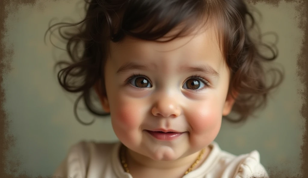 A beautiful baby with brown hair, approximately 2 or , She has light skin and is sitting on her bed looking happily at the camera with her chubby cheeks.. (The photo looks old, as if it had been taken in 2006 or 2007) that the photo looks as casual as possible