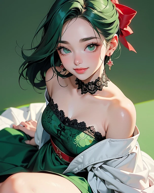 (Highest quality, masterpiece:1.2), High resolution, Very detailed, Realistic:1.37, Fantasy, An illustration, Green Eyes、Queen, ((Red lace swimsuit)).Platinum decoration、beautifully、Eyeshadow Red、Thick eyebrows、Long eyelashes、pupils are black、Her hair is dark green、Gold crown、Kissing Face、Embarrassing、Beloved by the crowd、Hair is green、Braiding、hair ornaments、((bikini)).((Hotel Buffet)).